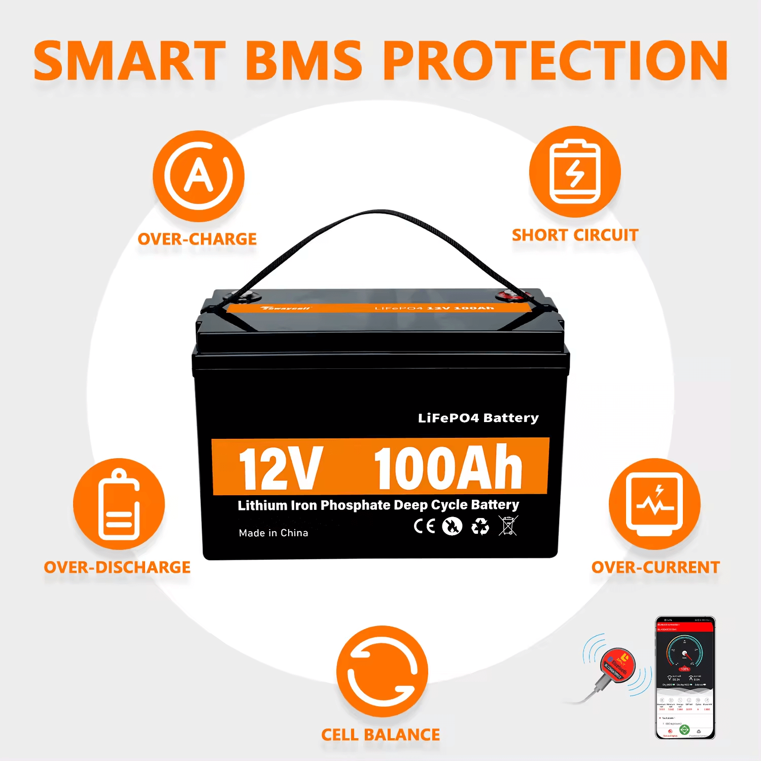 Batteria 12V 100Ah LiFePO4, Batteria Ricaricabile Al Litio Ferro Fosfato -1280Wh, BMS Incorporato, 4000-15000 Cicli Profondi E 10 Anni Di Durata - Foto 2